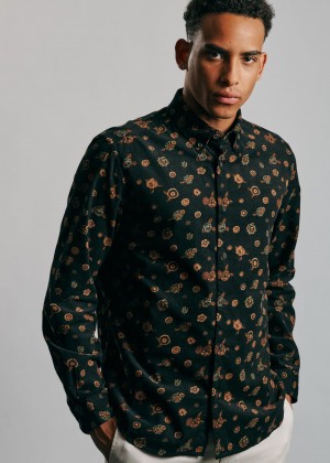 Black Ben Sherman Retro Floral Print Corduroy Shirts | MVCQSP-521