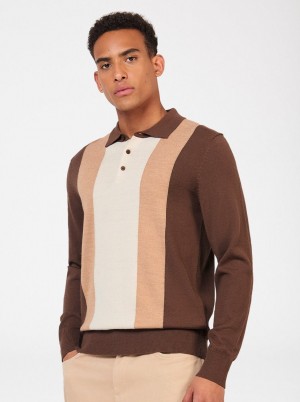 Chocolate Ben Sherman Block Stripe Merino Polo Neck Sweaters | WMEDSA-950