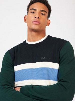 Dark Green Ben Sherman Chest Stripe Crewneck Knitwear | GFWAHQ-271