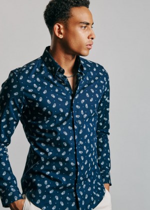 Navy Ben Sherman Micro Paisley Shirts | CDUVHG-643