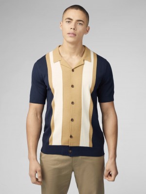 Navy Ben Sherman Signature Resort Neck Button Through Polo Knitwear | PRZLBF-835