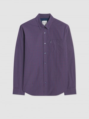 Purple Ben Sherman Signature Gingham Long-Sleeve Shirts | IRXOEM-286