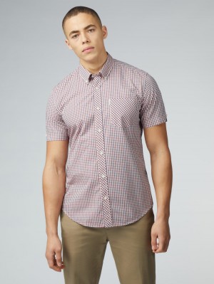 Red / White Ben Sherman Signature Short Sleeve Gingham Shirts | XIBRNL-783