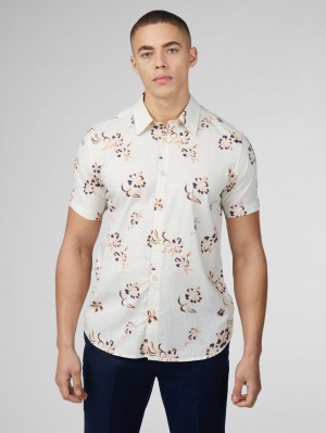 White Ben Sherman Signature Linear Floral Shirts | YQRVUZ-439