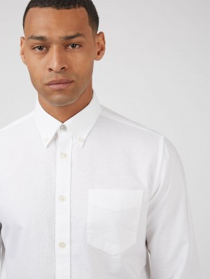 White Ben Sherman Signature Organic Long-Sleeve Oxford Shirts | XZKVPQ-682