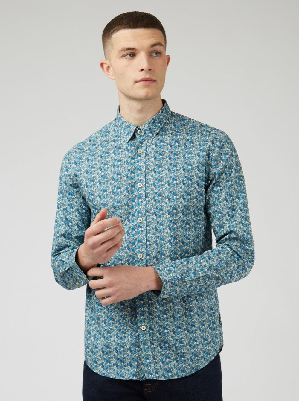 Blue Grey Ben Sherman Floral Print Long-Sleeve Shirts | PNCMKL-592