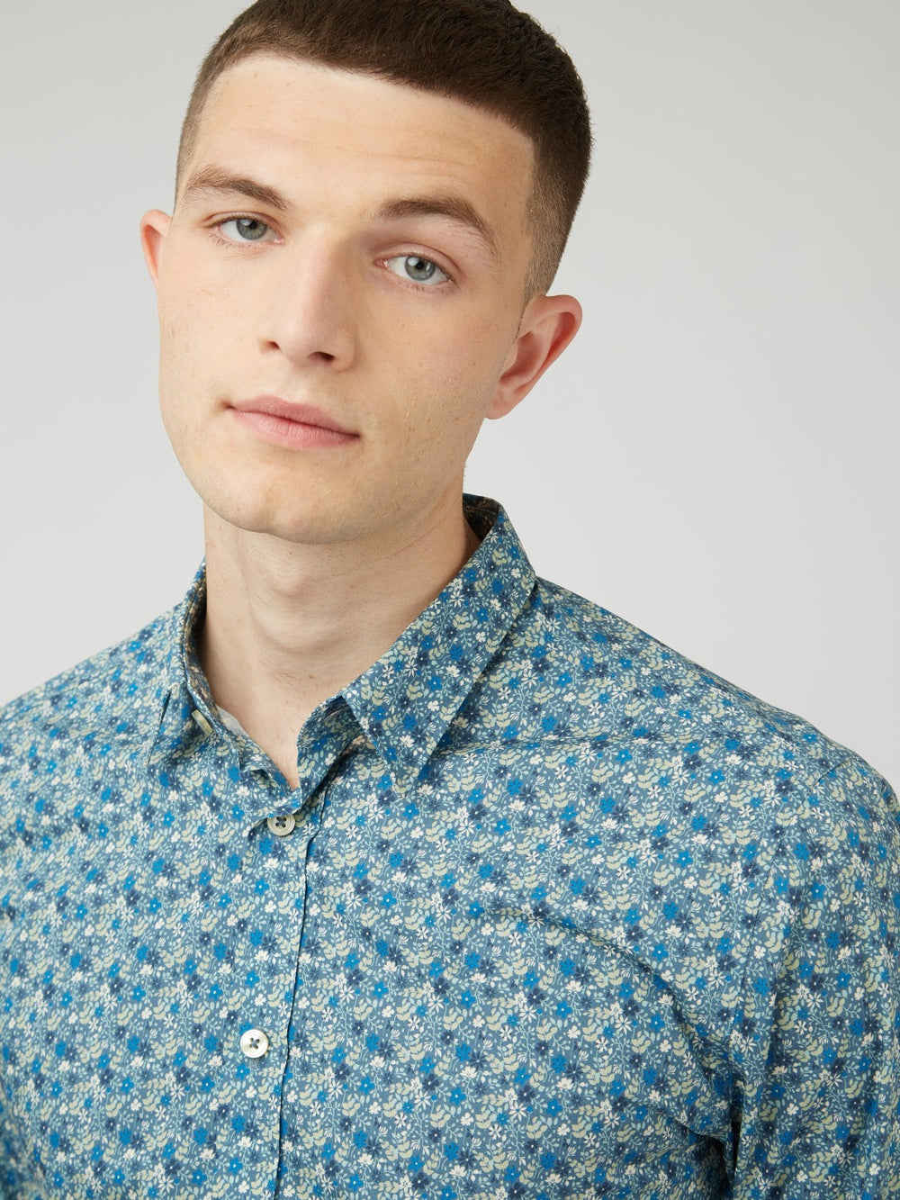 Blue Grey Ben Sherman Floral Print Long-Sleeve Shirts | PNCMKL-592