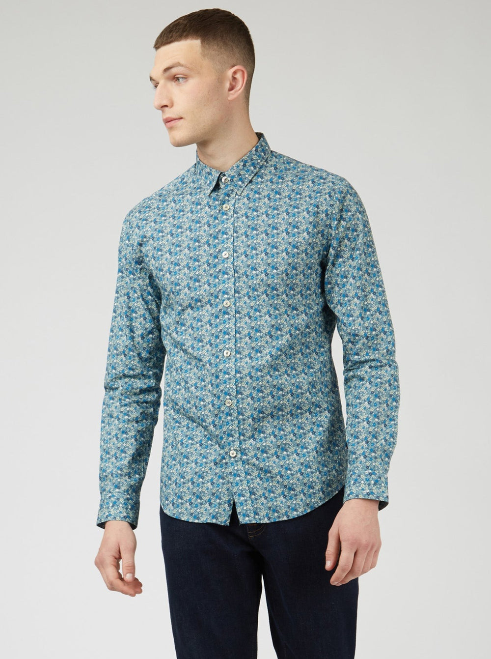 Blue Grey Ben Sherman Floral Print Long-Sleeve Shirts | PNCMKL-592