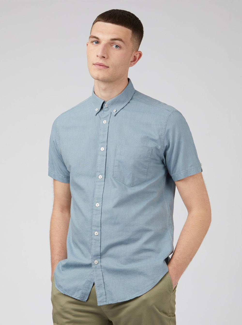 Blue Grey Ben Sherman Signature Organic Short-Sleeve Oxford Shadow Shirts | VCIMFX-094