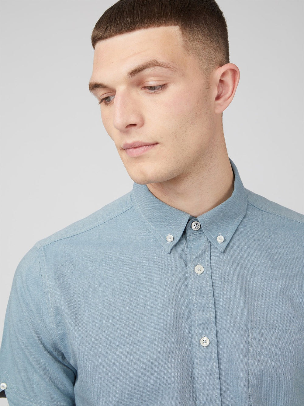 Blue Grey Ben Sherman Signature Organic Short-Sleeve Oxford Shadow Shirts | VCIMFX-094