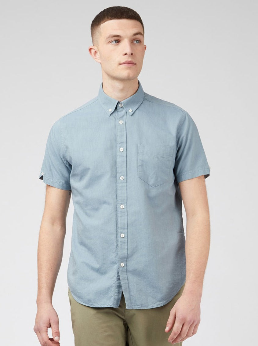 Blue Grey Ben Sherman Signature Organic Short-Sleeve Oxford Shadow Shirts | VCIMFX-094