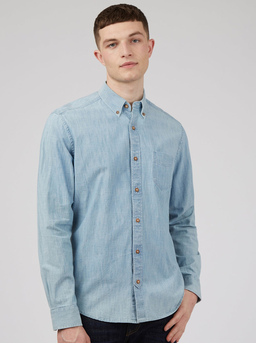 Blue / Navy Ben Sherman Long-Sleeve Chambray Shirts | FYZISE-941