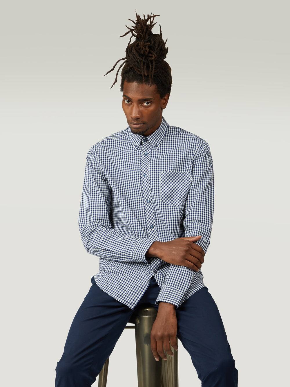 Dark Blue Ben Sherman Signature Long-Sleeve Gingham Shirts | QDEMFP-019