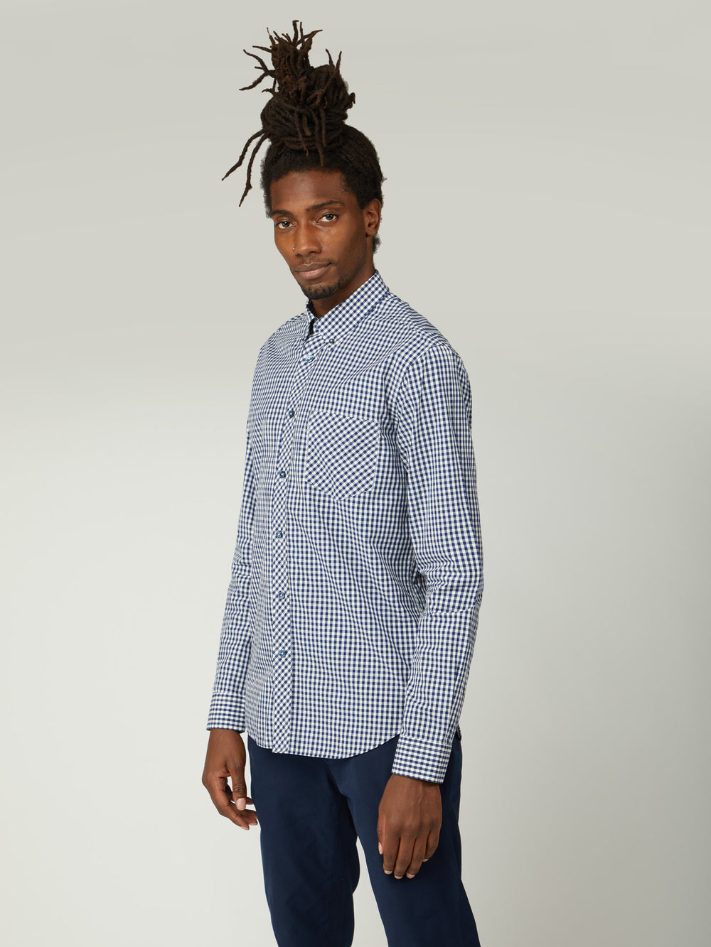 Dark Blue Ben Sherman Signature Long-Sleeve Gingham Shirts | QDEMFP-019