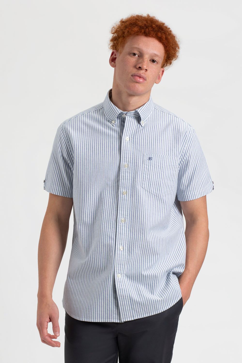 Indigo Stripes Ben Sherman Short Sleeve Brighton Oxford Organic Bengal Stripe Shirts | GUIOES-695