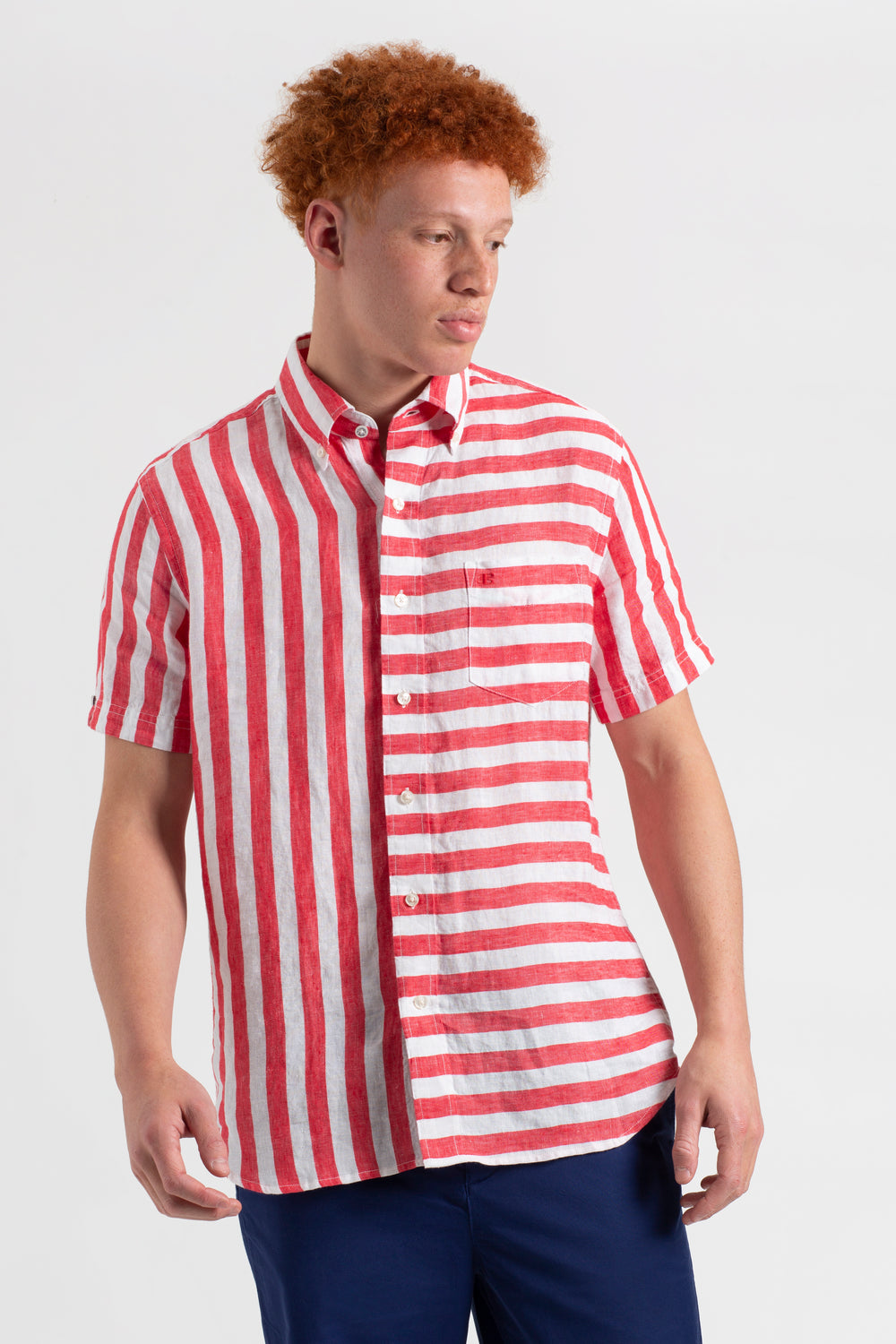 Pink Red Ben Sherman B by Ben Sherman Candy Stripe Linen Short Sleeve Shirts | WRXHFV-627