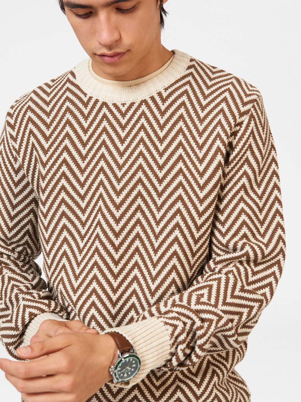 White Ben Sherman Chevron Jacquard Crewneck Knitwear | LMTGCP-094