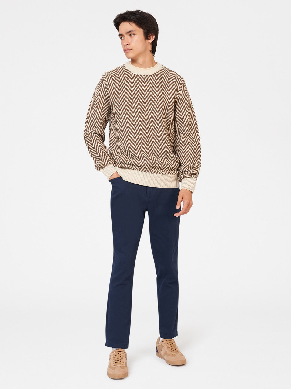 White Ben Sherman Chevron Jacquard Crewneck Knitwear | LMTGCP-094